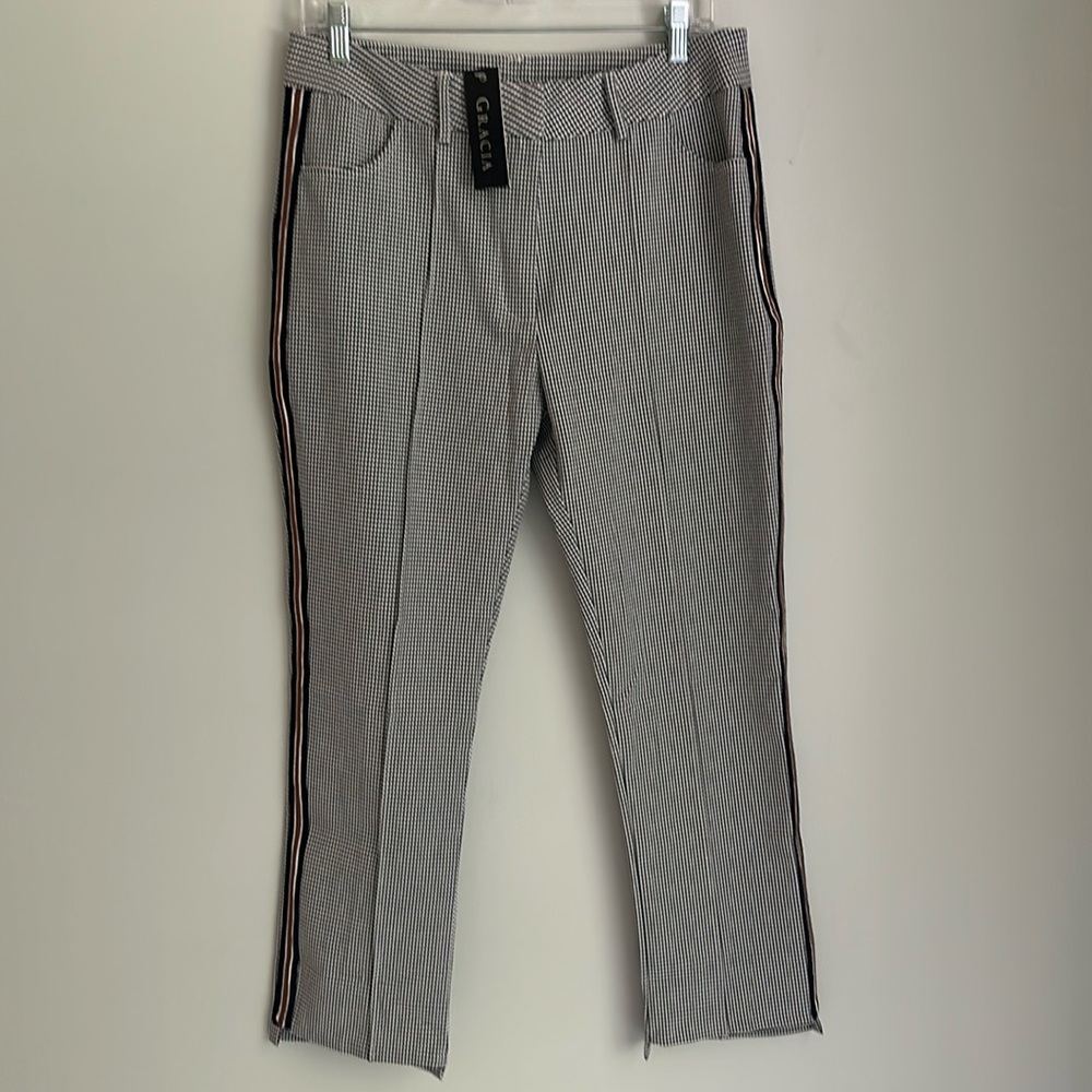 NWT Garcia black/white checkered, crop pants with tuxedo stripes, women’s large